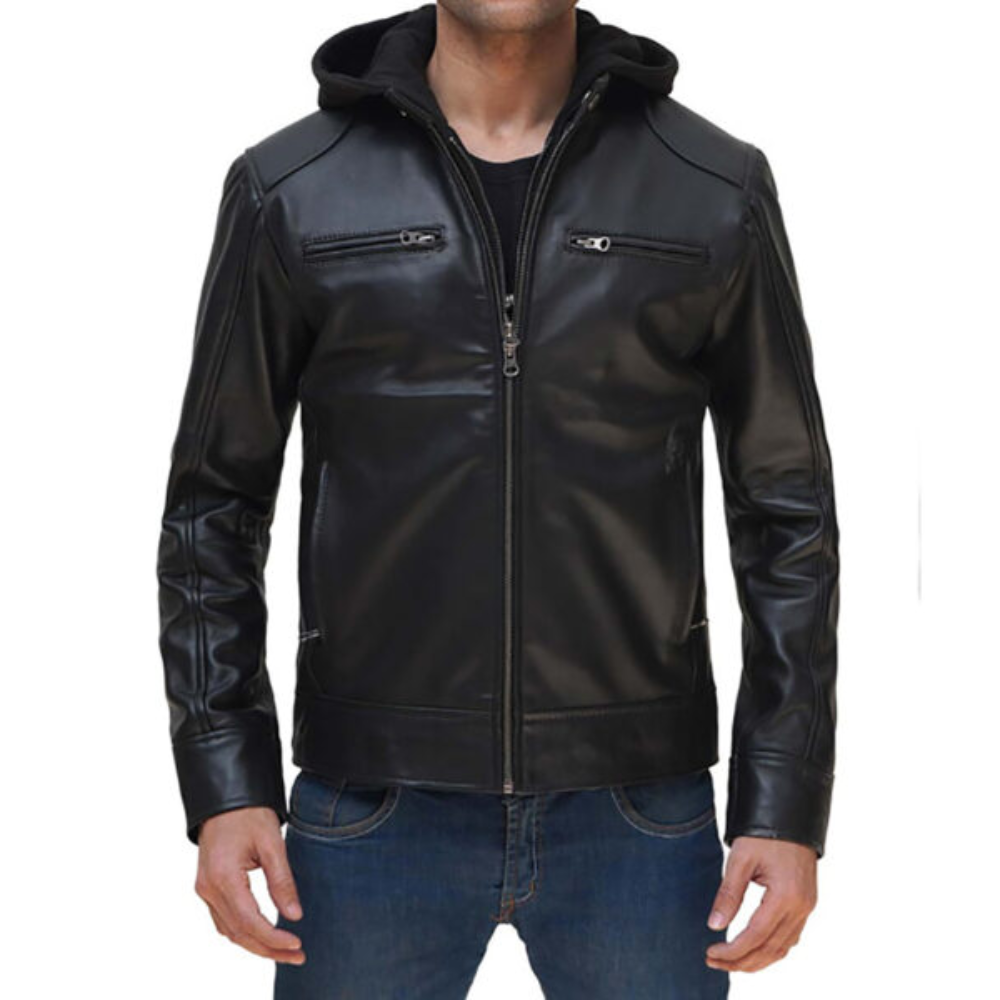 Men’s Black Cafe Racer Leather Hooded Jacket