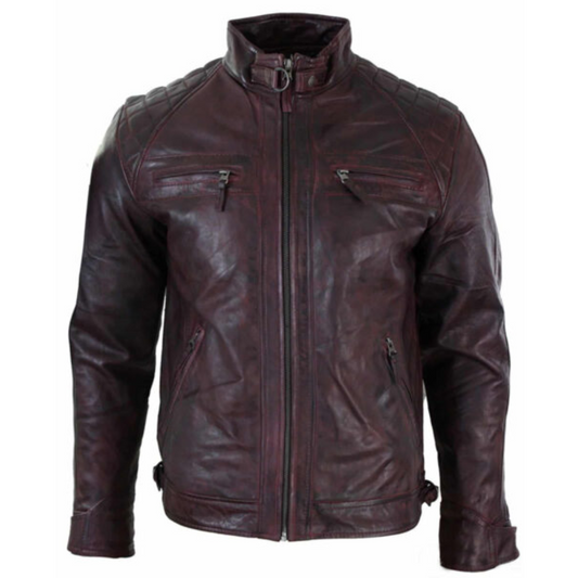 Burgundy Leather Cafe Racer Jacket