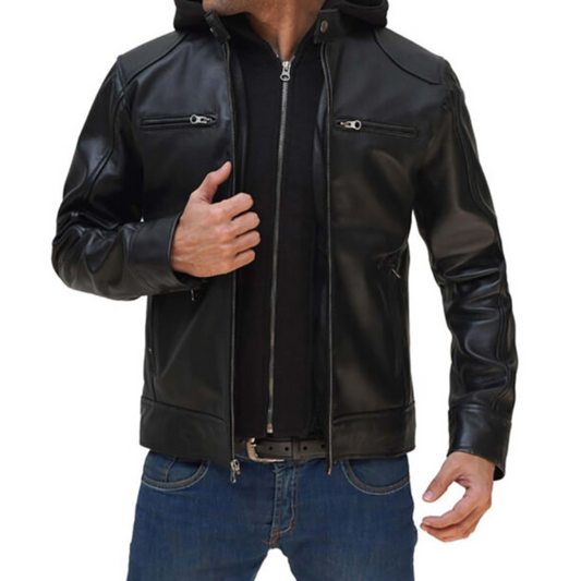 Men’s Black Cafe Racer Leather Hooded Jacket