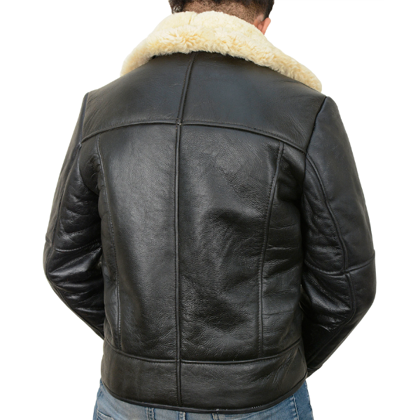 Mens Black Leather Shearling Jacket With Fur