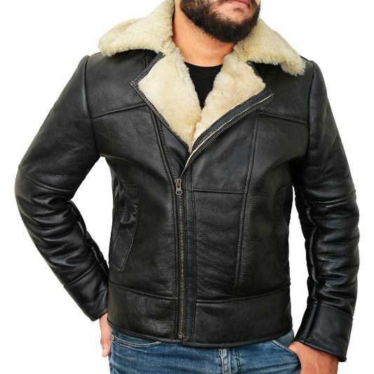 Mens Black Leather Shearling Jacket With Fur