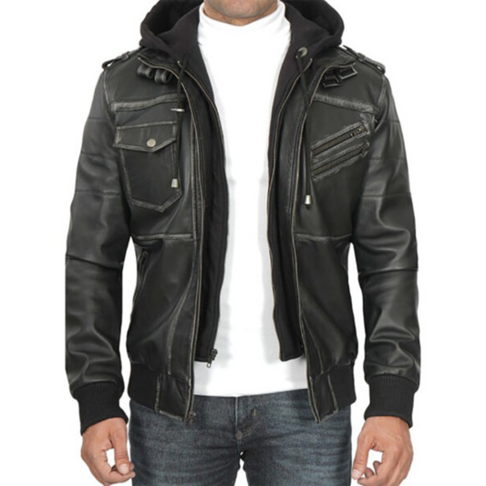 Men’s Black Hooded Leather Bomber Jacket