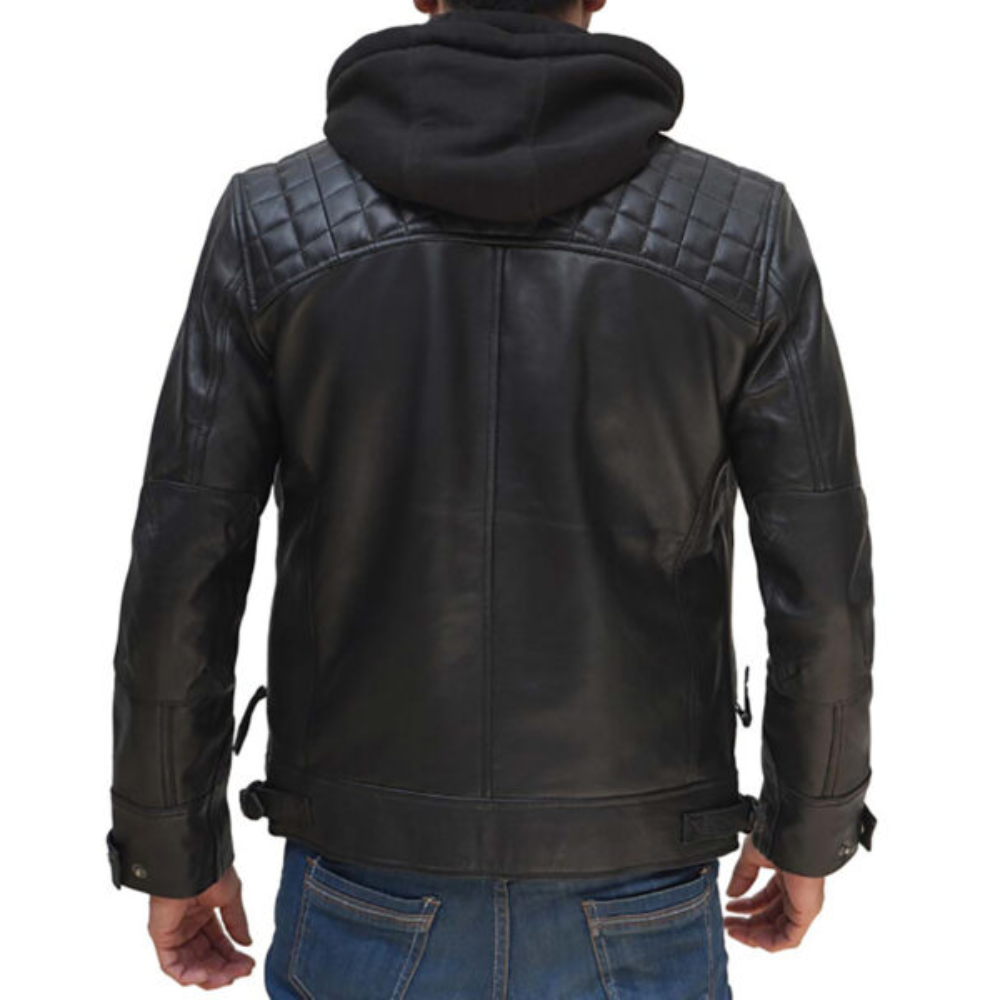 Hooded Leather Racer Jacket Mens
