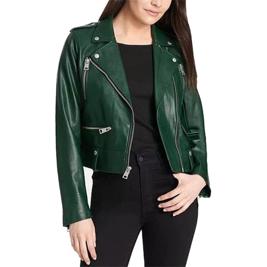 Women's Emerald Green Leather Moto Jacket