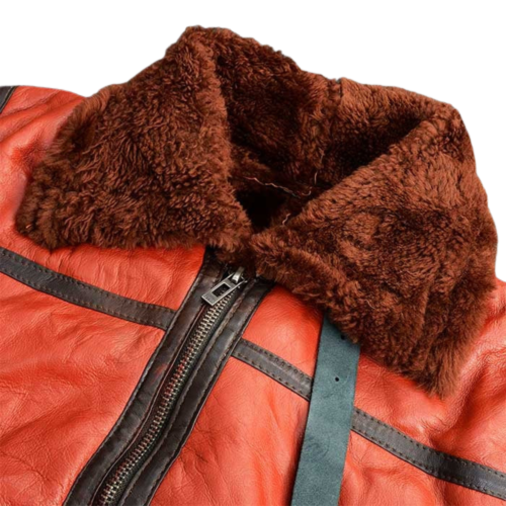 Men's Orange Leather Brown Shearling Aviator Jacket