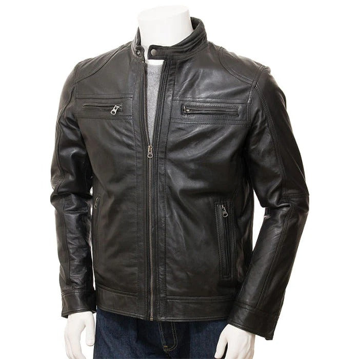 Classic black leather jacket for men 