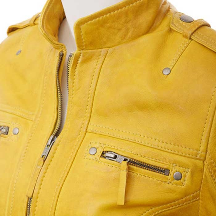 Womens Yellow Leather Biker Jacket - STYLO ZONE